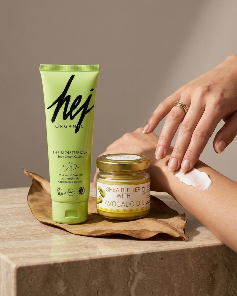 Cruelty-free vegan skincare products with avocado oil and shea butter for dry sensitive skin